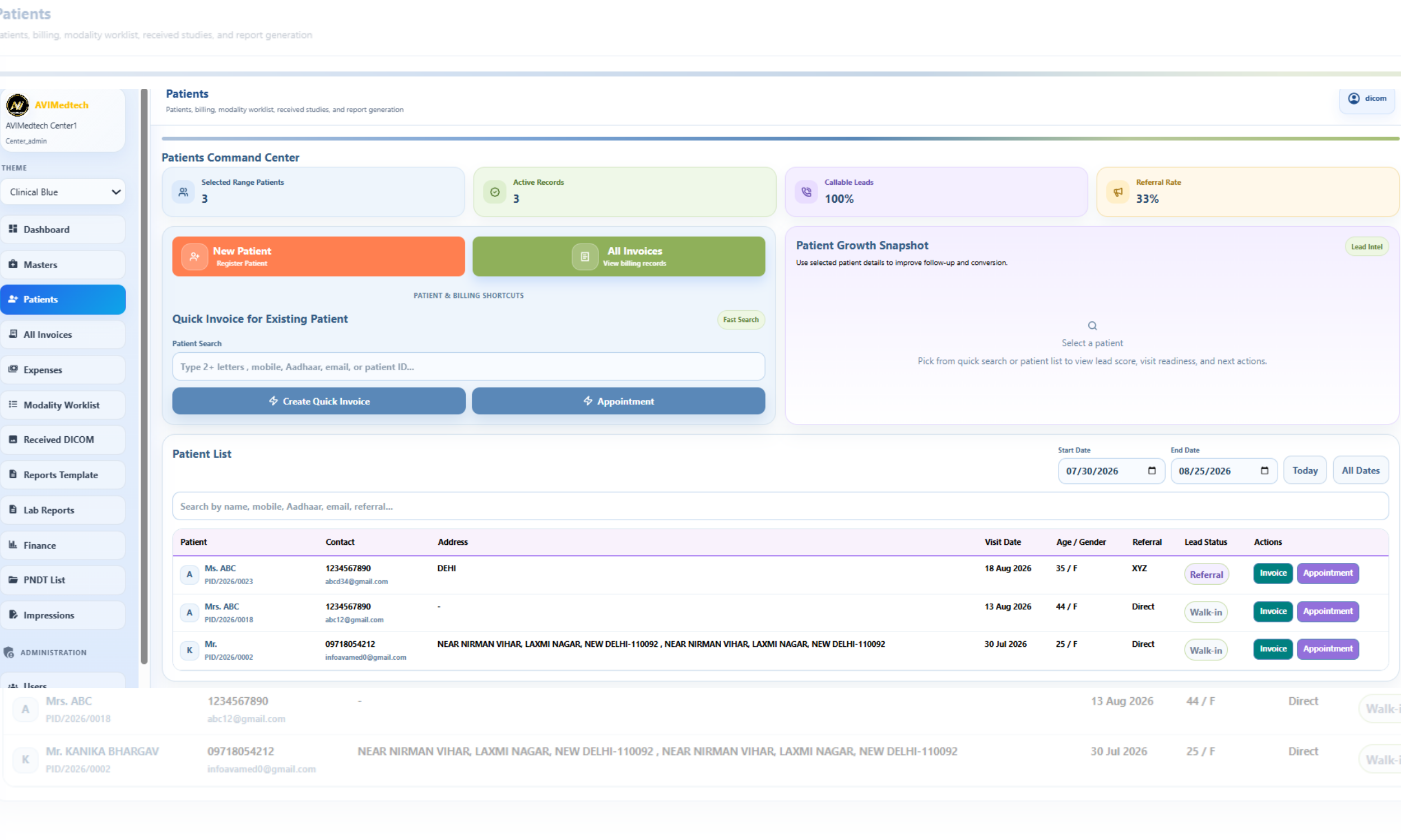 AVI MedTech patient registration and appointment workspace