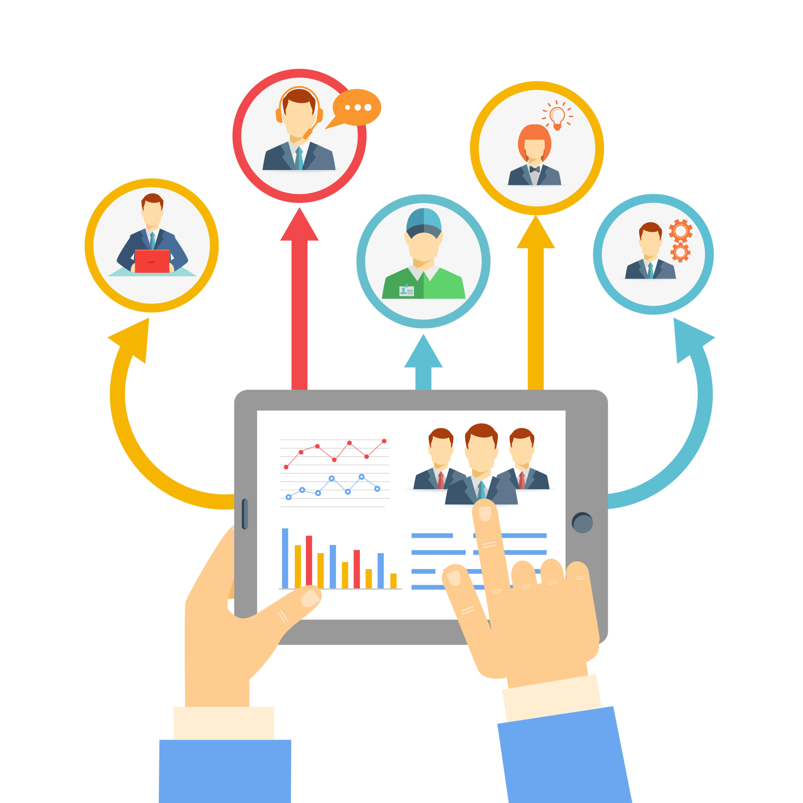 Remote business management concept Remote business management concept with a businessman holding a tablet showing analytics and graphs connected to a diverse team of people on a conferencing video link for brainstorming and discussion