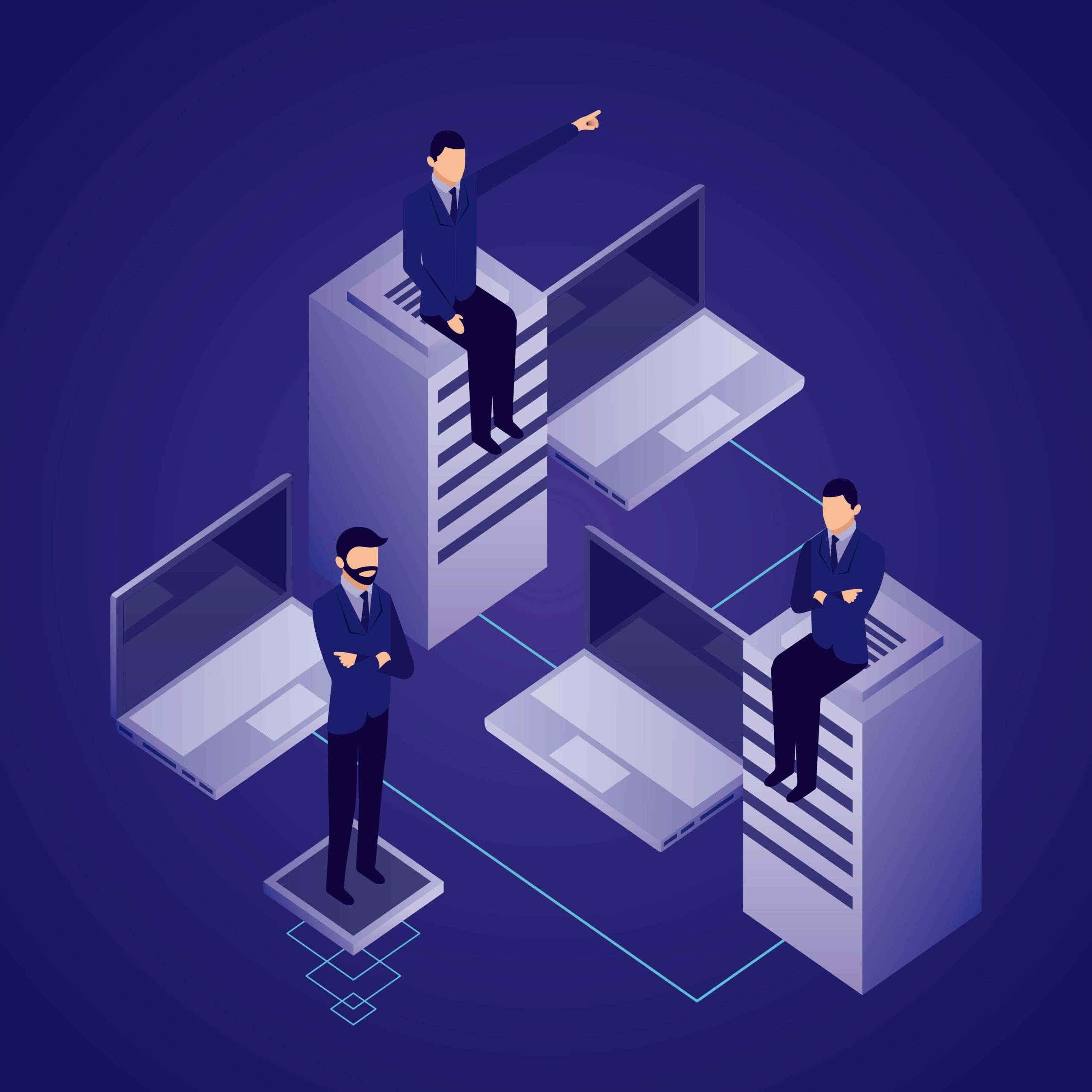 data network businessman concept data network businessman sitting pointed computers dataserver vector illustration