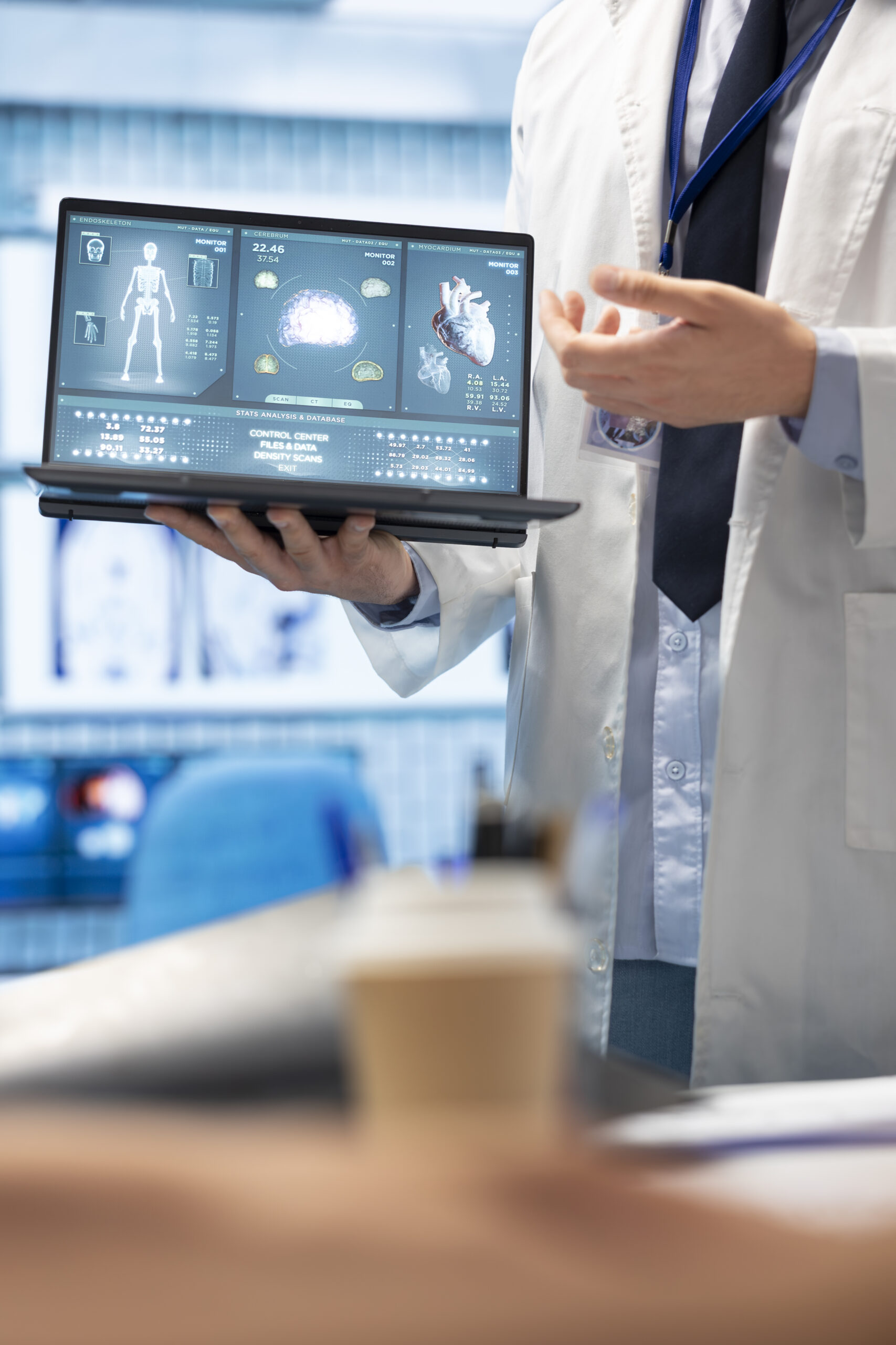 Healthcare experts discuss recovery strategies in a treatment center In a treatment center, healthcare experts discuss recovery strategies. Licensed doctors analyze heart and brain x rays from hospital records, focusing on diagnostics and disease prevention.